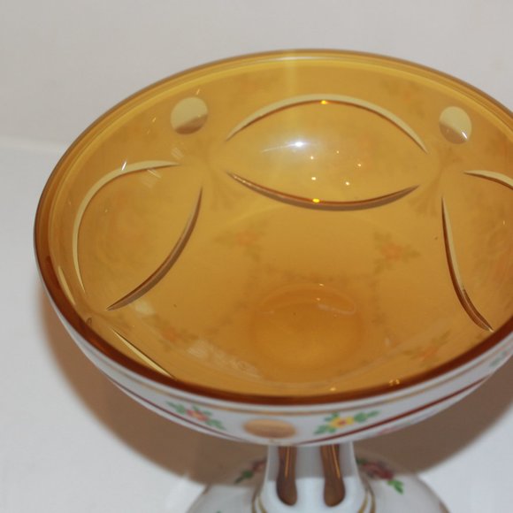 Vintage Bohemian Moser Czech White Cut To Yellow Compote Pedestal Bowl 7.5" - Picture 2 of 6